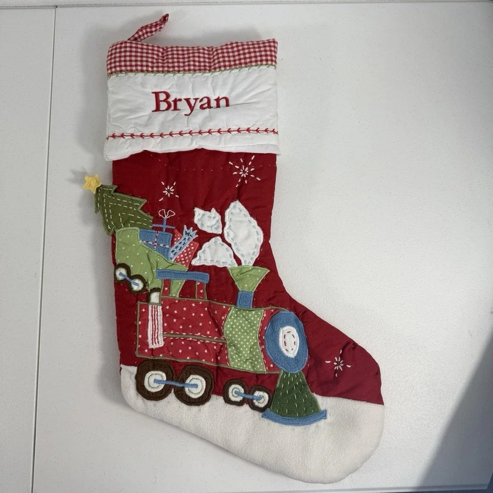 Pottery Barn Kids Quilted Train Trees Gingham Christmas Name Bryan Stocking